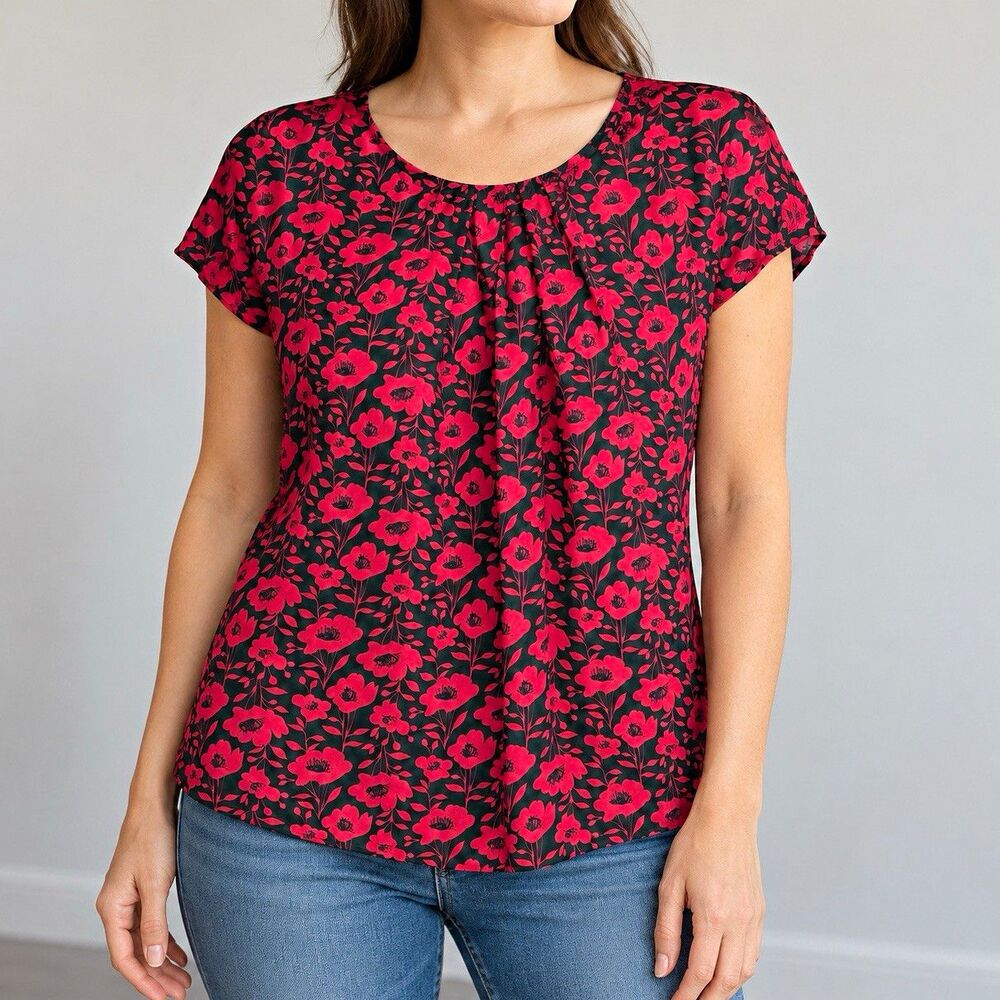 Boden Ravello Blouse Womens 6 Pink Floral Silk Blend Pleated Neck Cap Sleeve Top